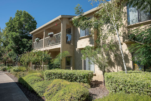 A well-maintained apartment building featuring balconies and lush landscaping.