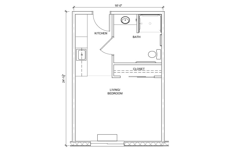 Blueprint of a studio apartment layout.