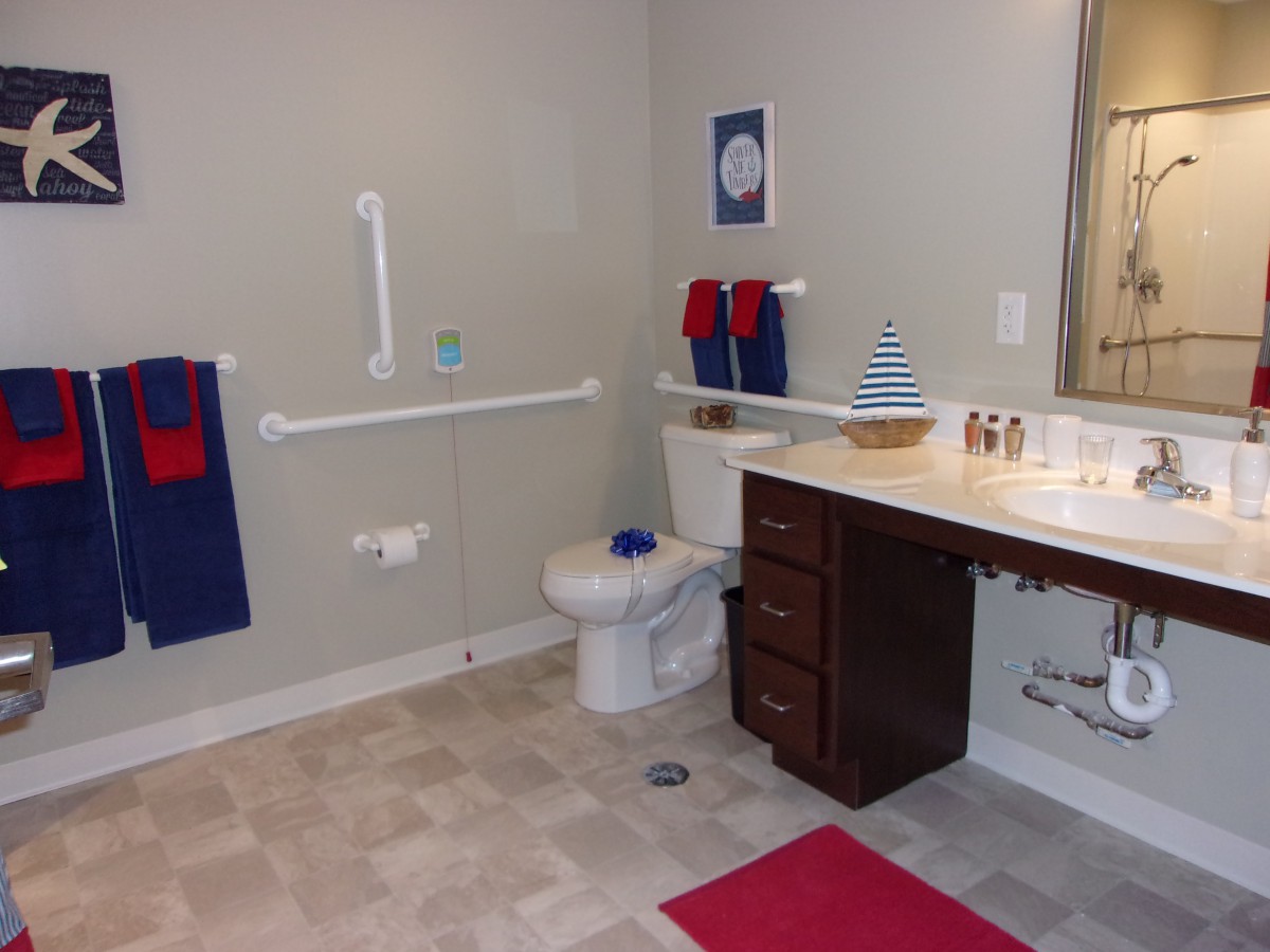An accessible bathroom with grab bars, a toilet, sink, and red and blue accents.