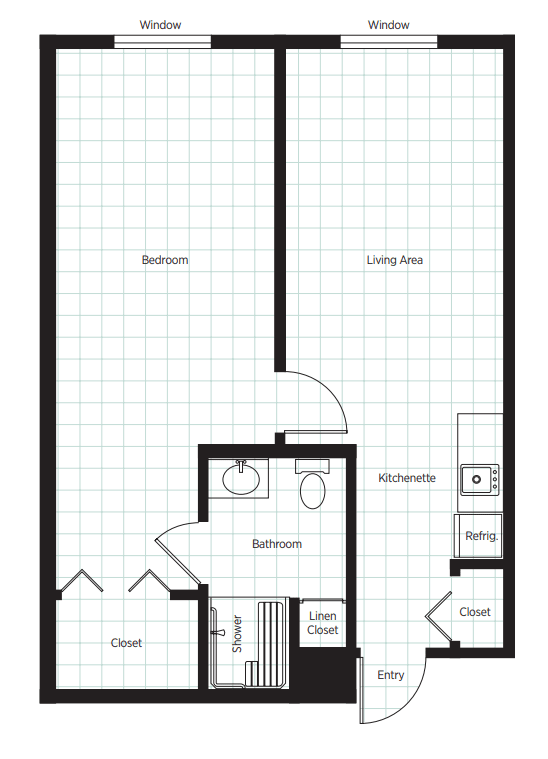 A floor plan showing the layout of a one-bedroom apartment with a kitchen, bathroom, and living area.