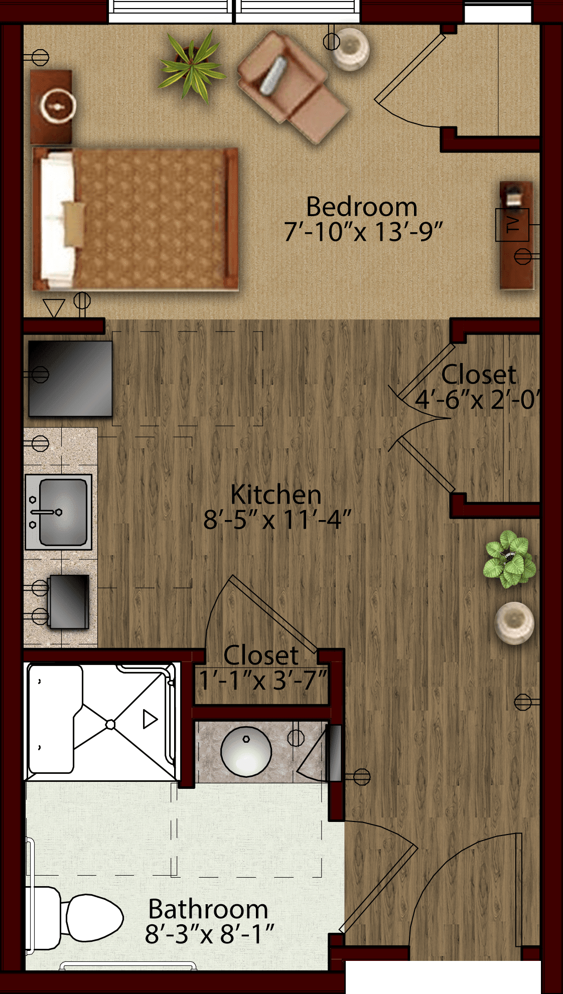 A small apartment floor plan featuring a kitchen, living area, and two closets.