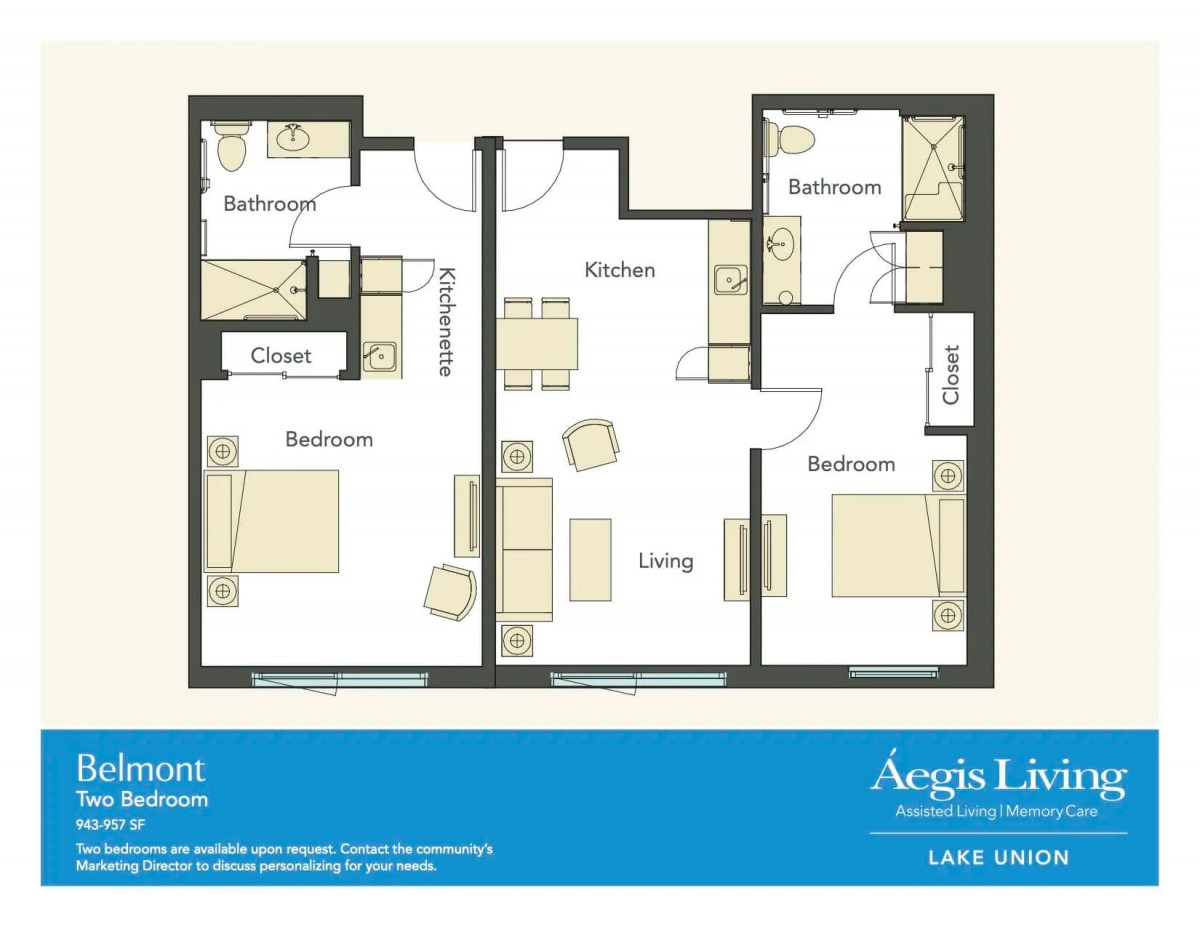 Floor plan of a two-bedroom apartment with living room, kitchen, and bathroom.