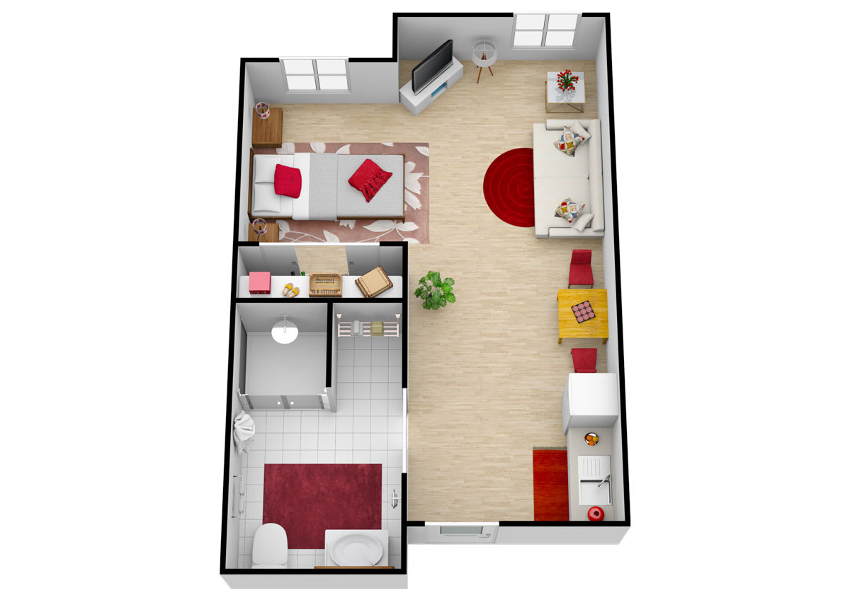 A 3D floor plan of a one-bedroom apartment featuring a living room, kitchen, and bathroom.
