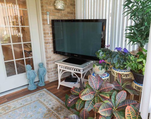 A cozy indoor patio area with a television, surrounded by lush plants and decorative elements.