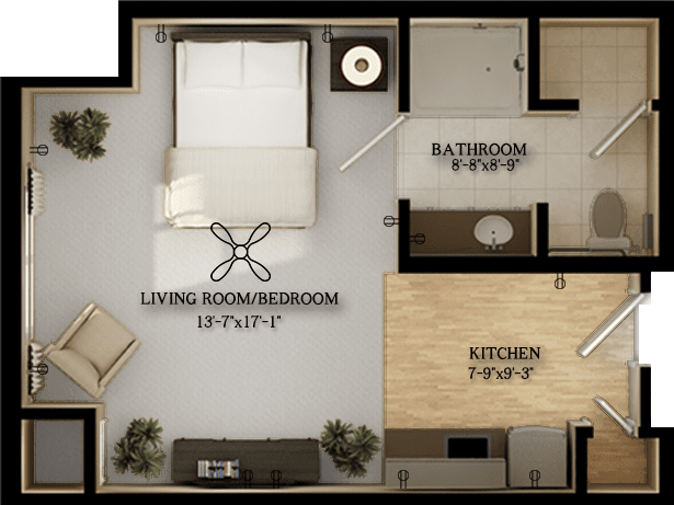 Floor plan of a studio apartment featuring a combined living room and bedroom, adjacent kitchen, and bathroom.