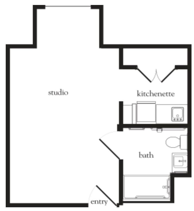 A floor plan of a studio apartment featuring a kitchenette and bathroom.