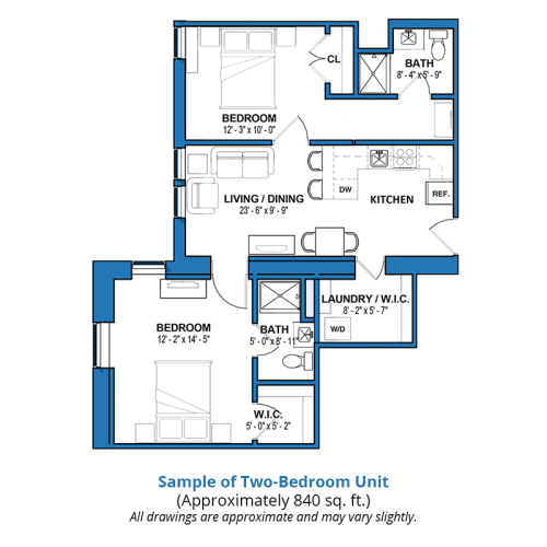 Sample floor plan of a two-bedroom unit approximately 840 sq. ft.