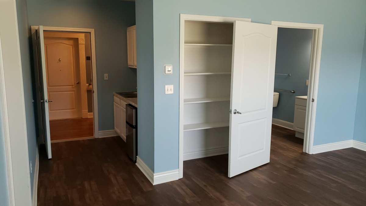 A room with blue walls featuring an open closet with shelves, a kitchenette, and hardwood flooring.