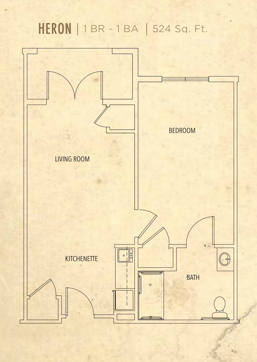 A basic floor plan of an apartment featuring a living room, kitchen, and bedroom with adjacent bathroom.