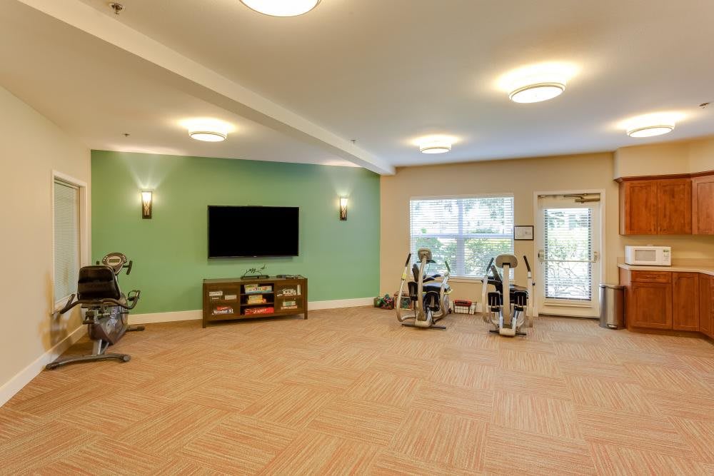 An indoor gym with fitness equipment and a television.
