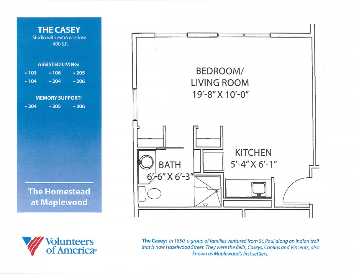 Floor plan of a studio apartment with dimensions for the bedroom/living room, kitchen, and bathroom.