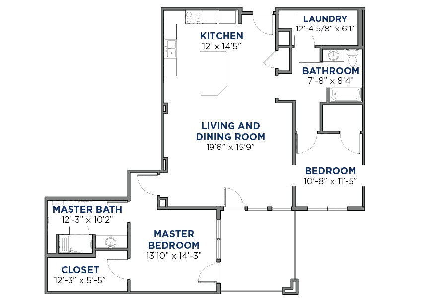 A floor plan with labeled room dimensions for a residential apartment.