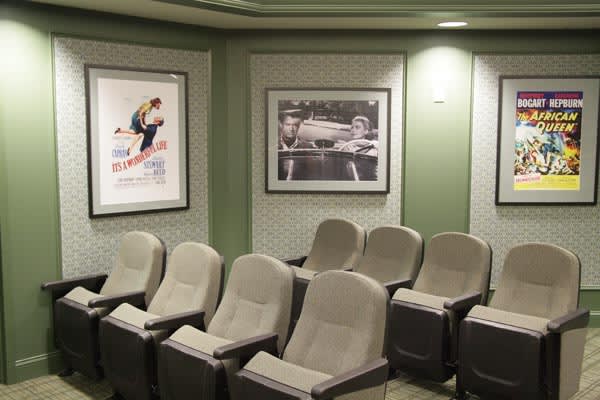 A cozy home theater with comfortable seating and classic movie posters on the walls.