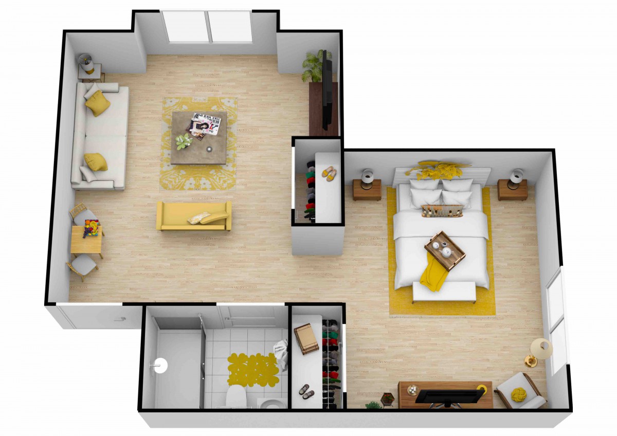 A modern apartment floor plan featuring a spacious living area and a cozy bedroom with stylish furnishings.