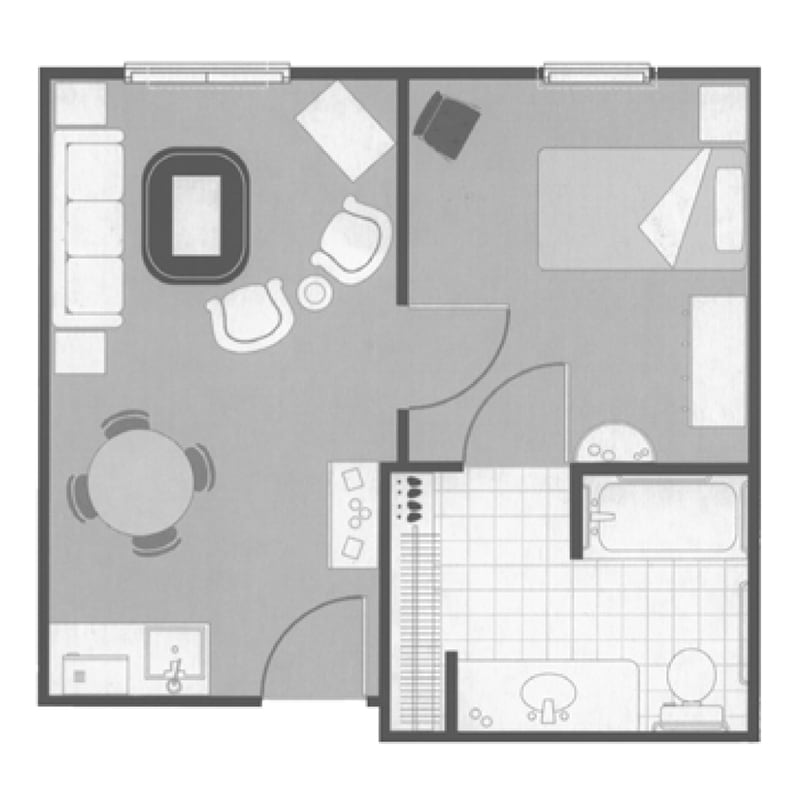A floor plan of a one-bedroom apartment featuring a living room, kitchen, and bathroom.
