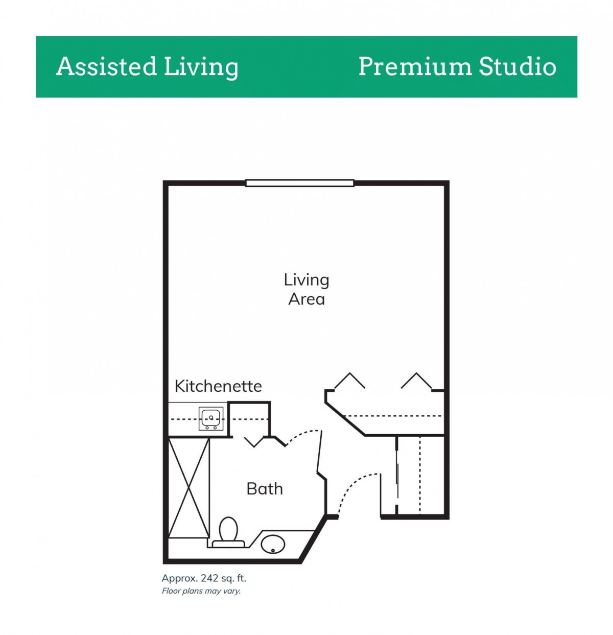 Floor plan of a premium studio in assisted living.