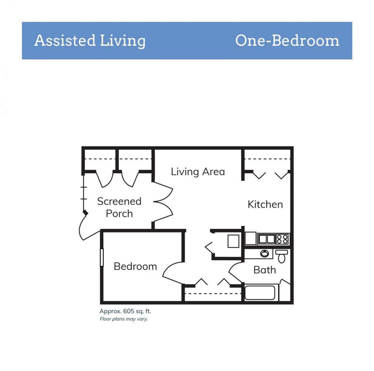 One-bedroom assisted living apartment floor plan.