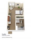 3D floor plan of a studio apartment with furniture layout.