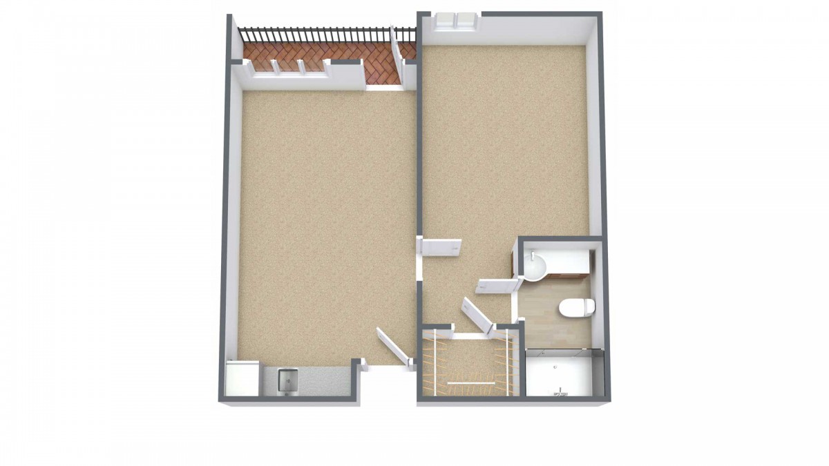 A simple floor plan of an apartment featuring a living area, bedroom, and bathroom.