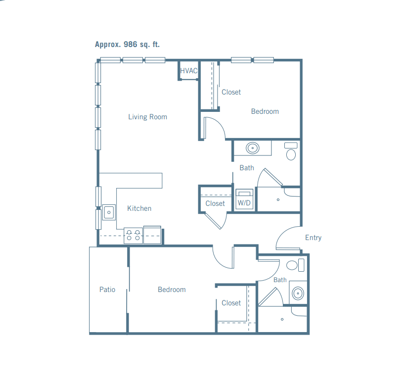 This is a floor plan of an apartment featuring two bedrooms, a living room, kitchen, and bathroom.
