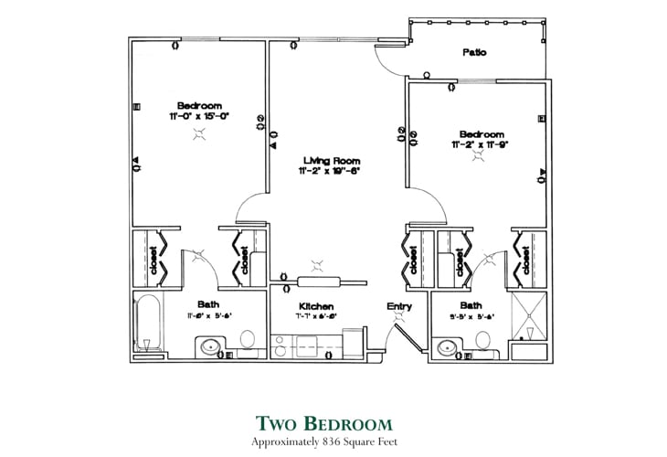 Floor plan of a two-bedroom apartment approximately 1,050 square feet.