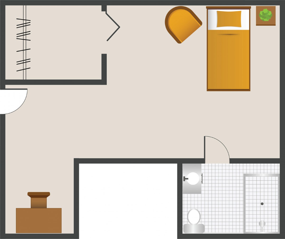 A simple floor plan featuring a bedroom and an attached bathroom.