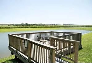 A wooden dock overlooking a tranquil body of water with lush greenery in the background.