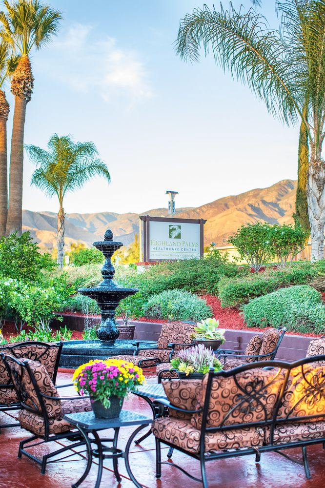 A serene garden setting with a central fountain, surrounded by palm trees and mountains in the background.