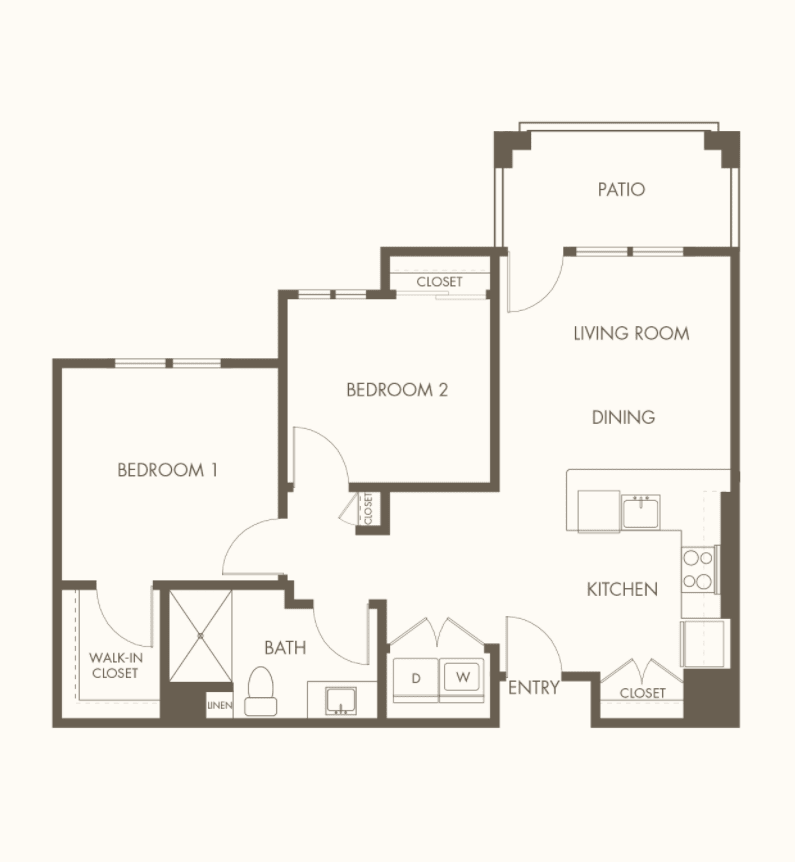 A floor plan of a two-bedroom apartment featuring a living room, kitchen, and bathroom.