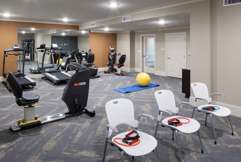 A modern gym with exercise equipment including treadmills, a stationary bike, yoga mats, an exercise ball, and resistance bands.