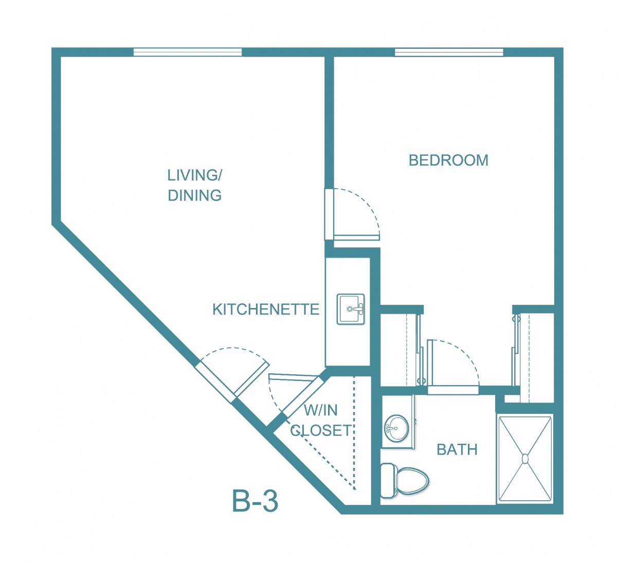 A floor plan of a one-bedroom apartment featuring a living/dining area, kitchenette, and bathroom.