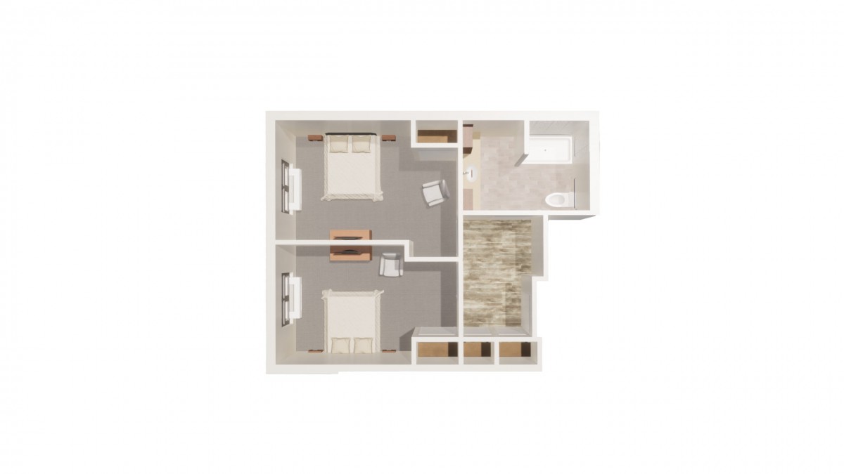 A floor plan of a two-bedroom apartment with a living area and kitchen.