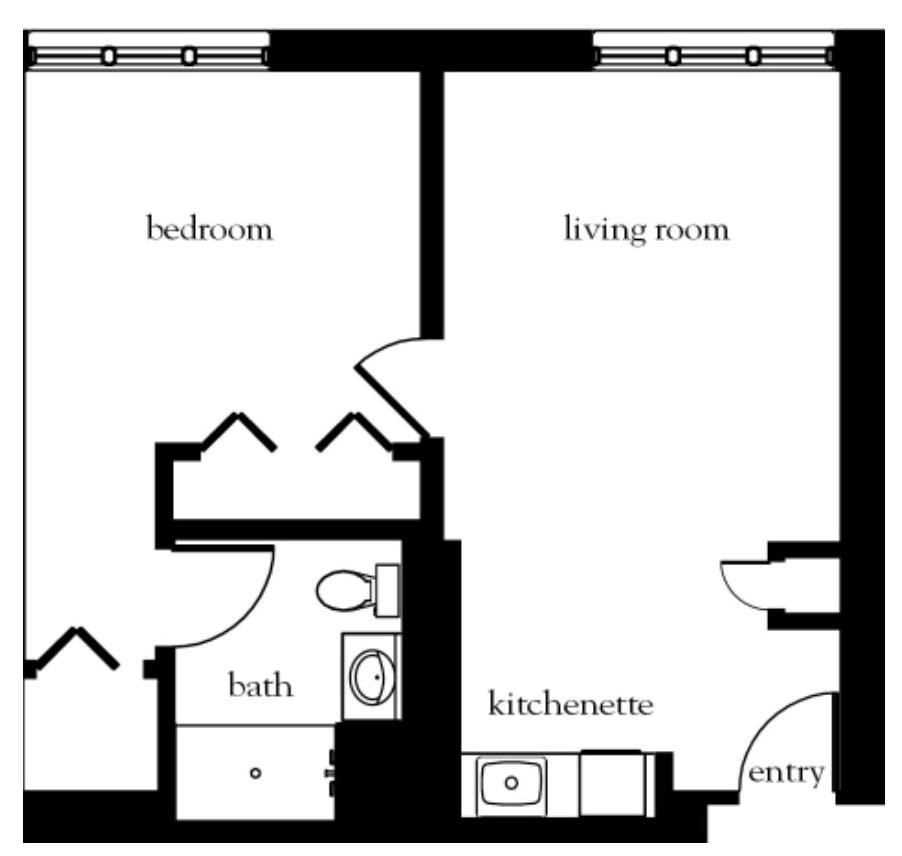 A floor plan of a one-bedroom apartment featuring a living room, kitchenette, and bathroom.