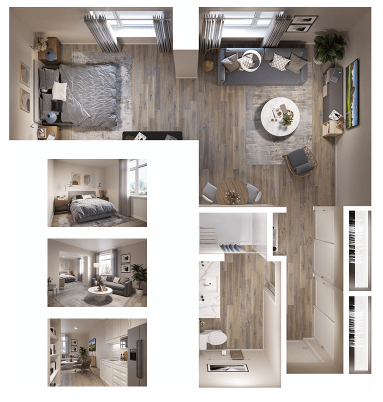 Modern apartment floor plan with a living room, bedroom, and kitchen.