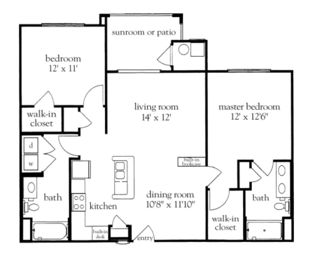 A floor plan of a two-bedroom apartment with a living room, kitchen, dining room, and two bathrooms.