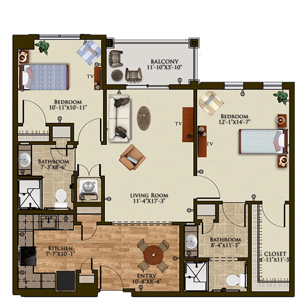 This image is a floor plan of a two-bedroom apartment featuring a living room, kitchen, dining area, and bathrooms.