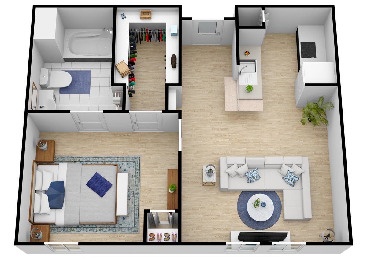A detailed floor plan of a one-bedroom apartment featuring a living room, kitchen, bathroom, and walk-in closet.