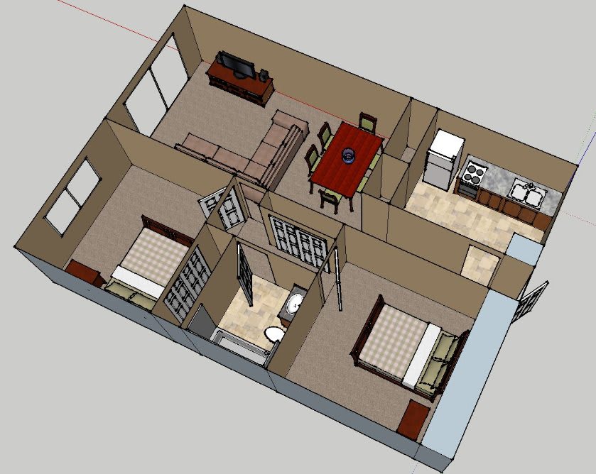 3D model of an apartment floor plan featuring two bedrooms, a living area, a kitchen, and a bathroom.