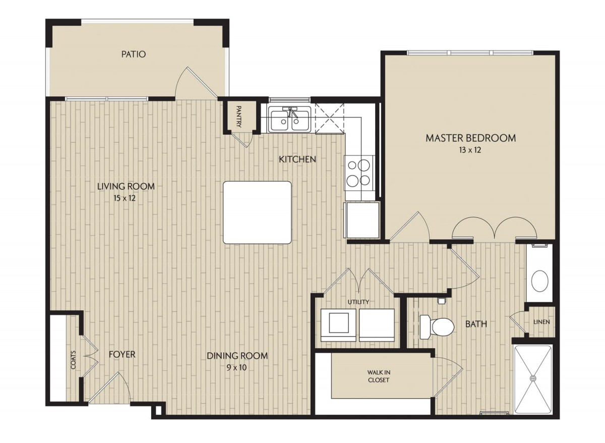 A floor plan of a residential space showing the layout of rooms including a master bedroom, living room, dining room, and kitchen.