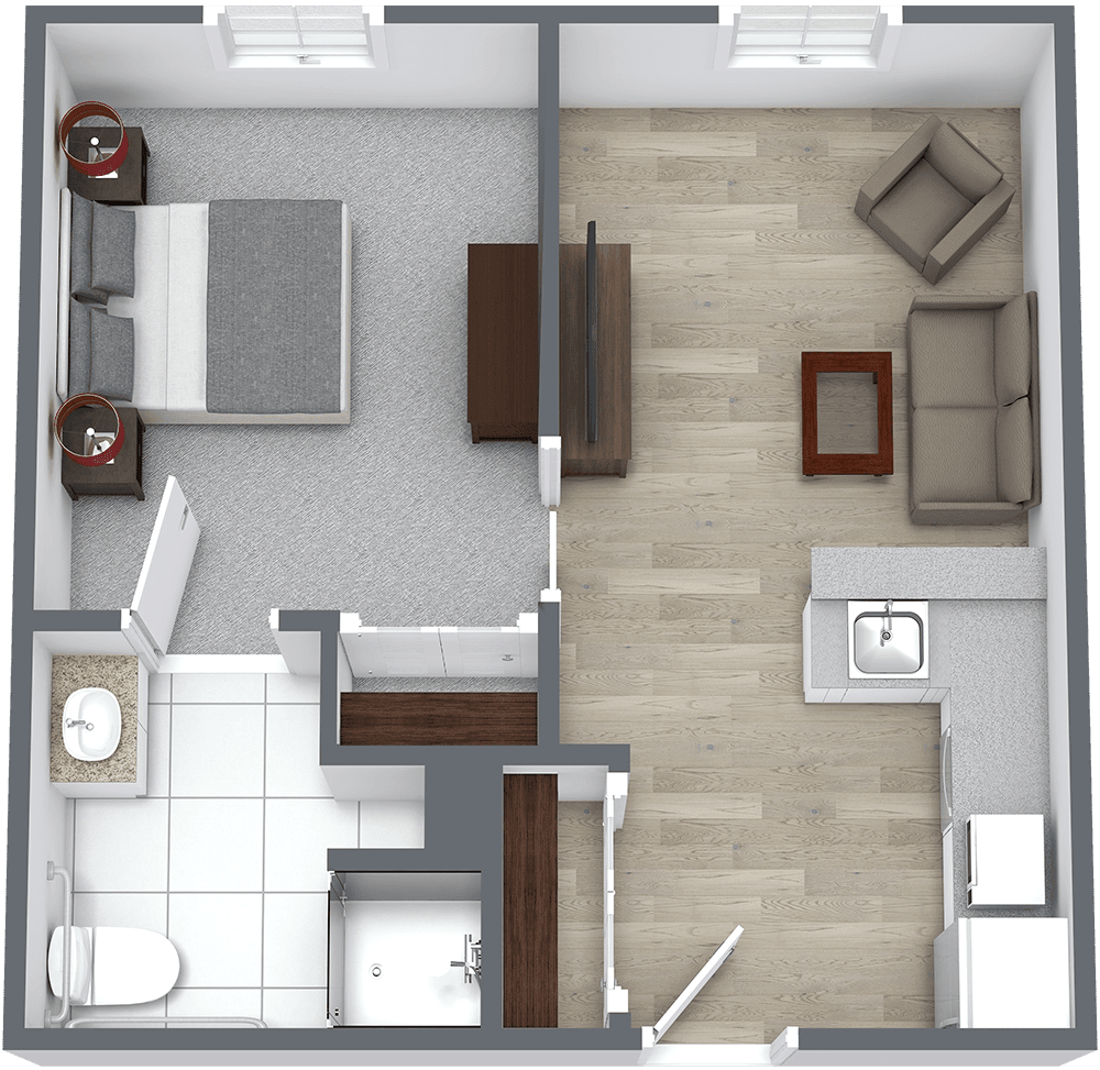 A compact one-bedroom apartment floor plan featuring a living room, kitchen, bedroom, and bathroom.