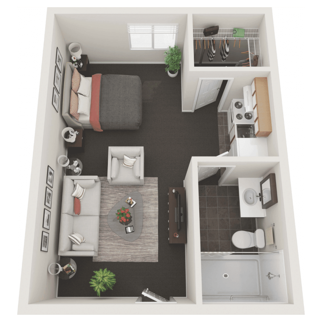 Studio apartment floor plan with a combined living and sleeping area, kitchen, and bathroom.