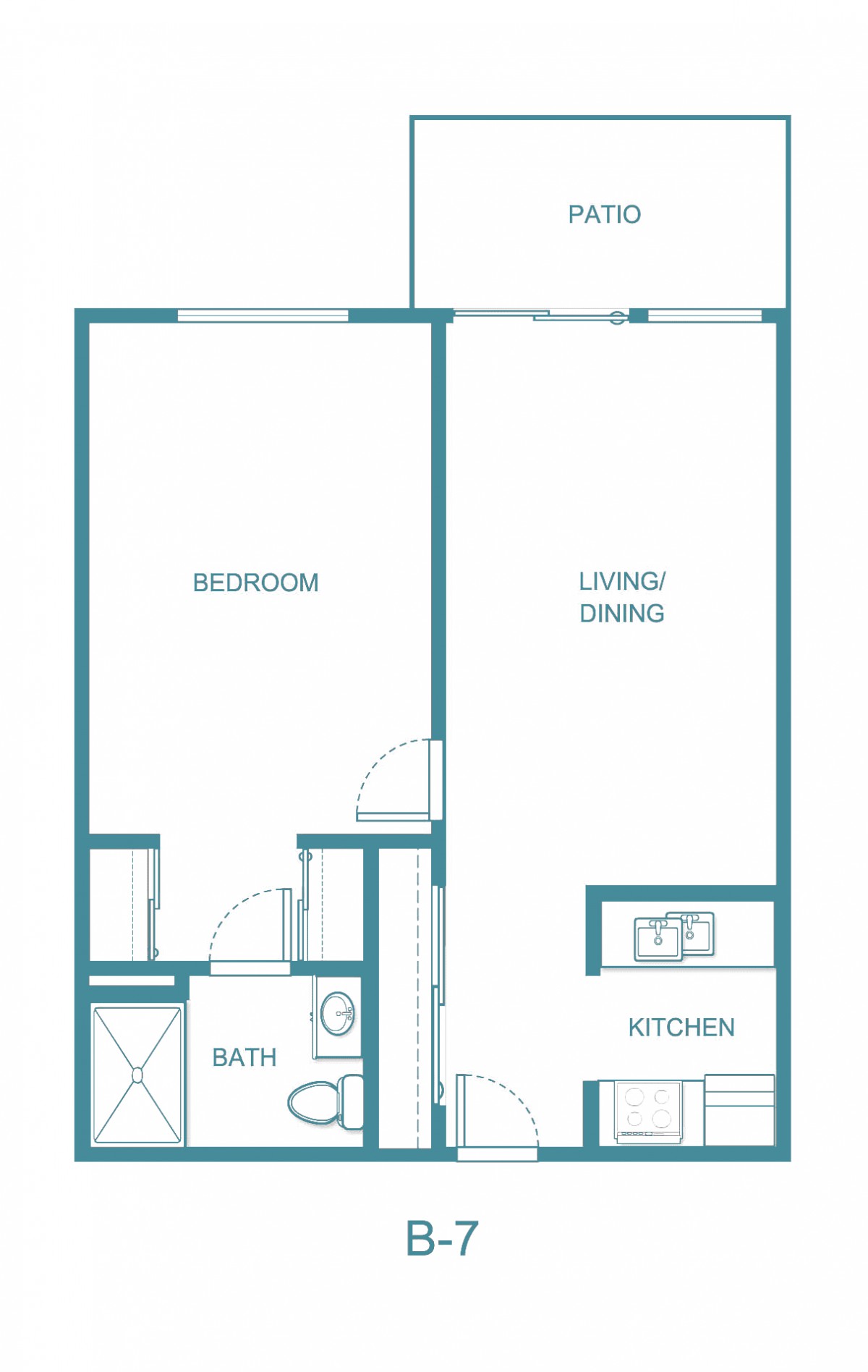 A simple floor plan of a one-bedroom apartment with labeled spaces for the bedroom, living/dining area, kitchen, and bathroom.