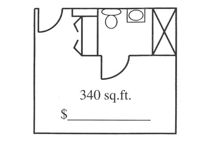 A floor plan of a studio apartment measuring 340 square feet, with designated areas for a bathroom and entryway.