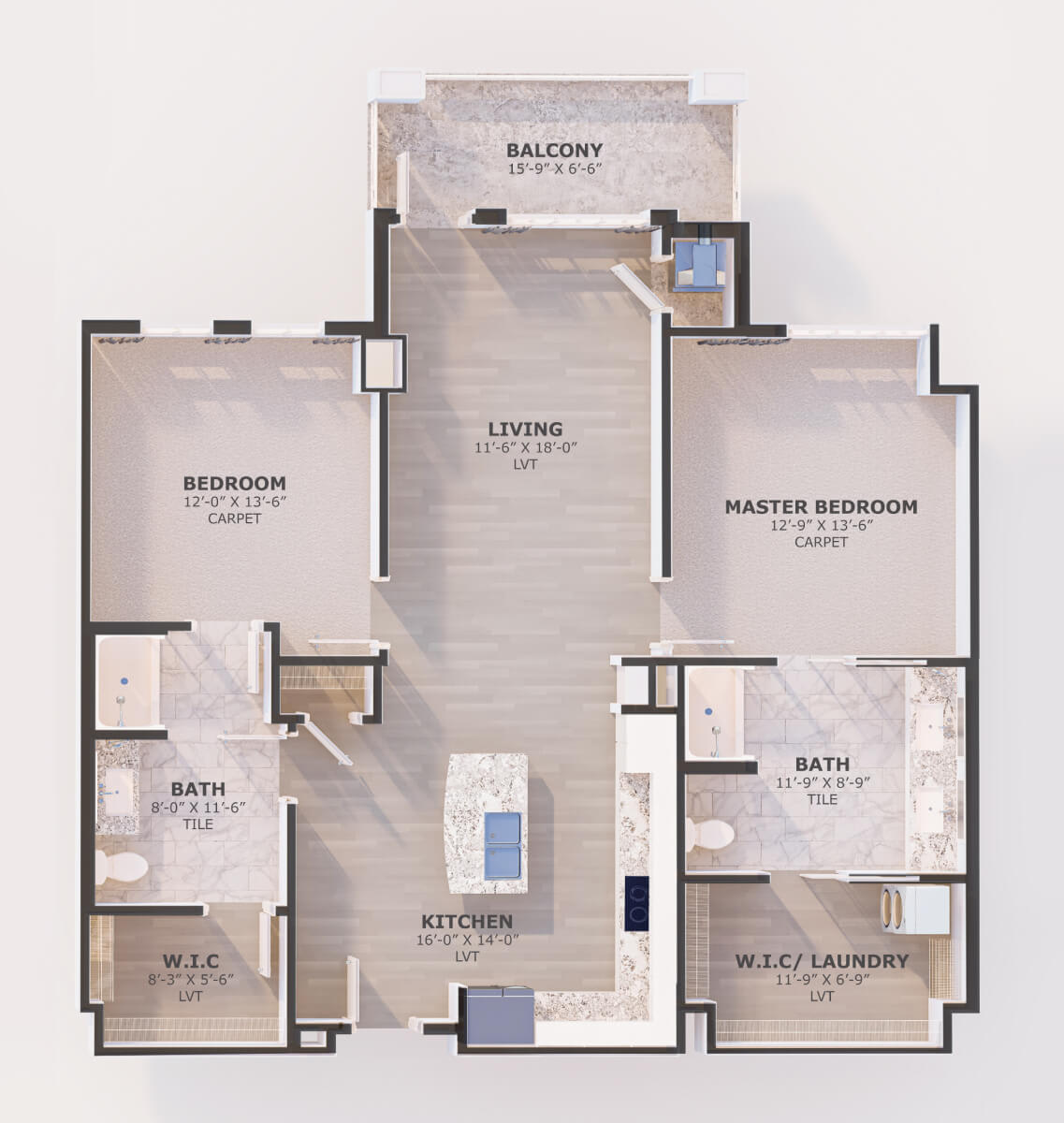 A 3D floor plan of a modern apartment with multiple rooms and open living space.
