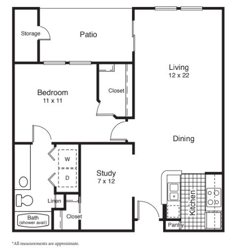A floor plan of a one-bedroom apartment with a study, living area, kitchen, bathroom, and patio.