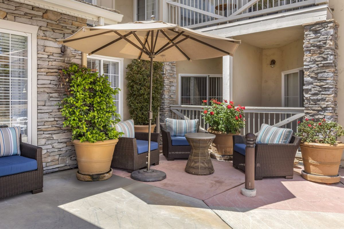 A cozy patio area with comfortable seating and a large umbrella, surrounded by lush plants.