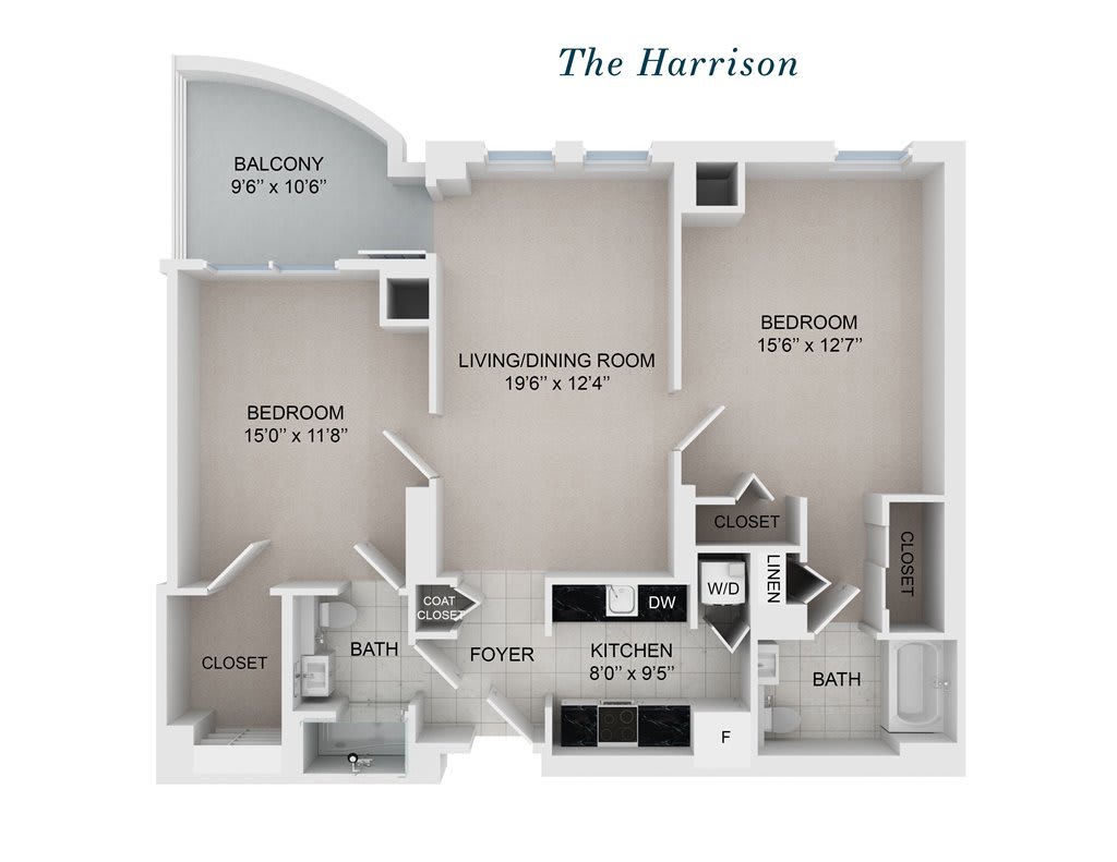 The Harrison floor plan featuring two bedrooms, a living room, kitchen, and balcony.