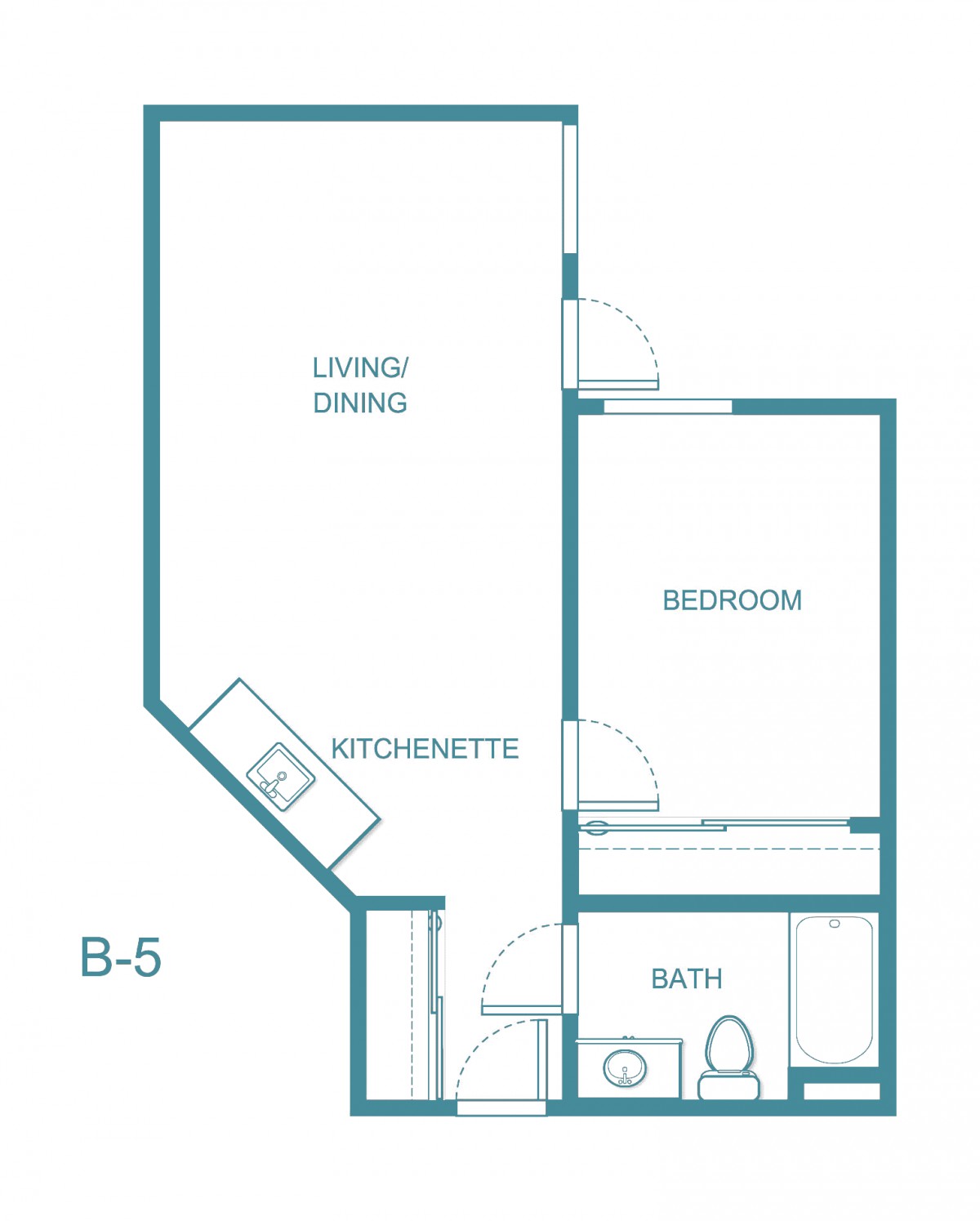 A simple floor plan featuring a living/dining area, kitchenette, bedroom, and bath.