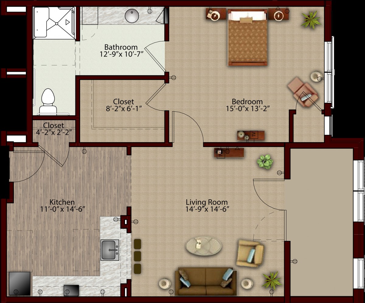 A detailed floor plan of an apartment showing room layouts and furniture placement.
