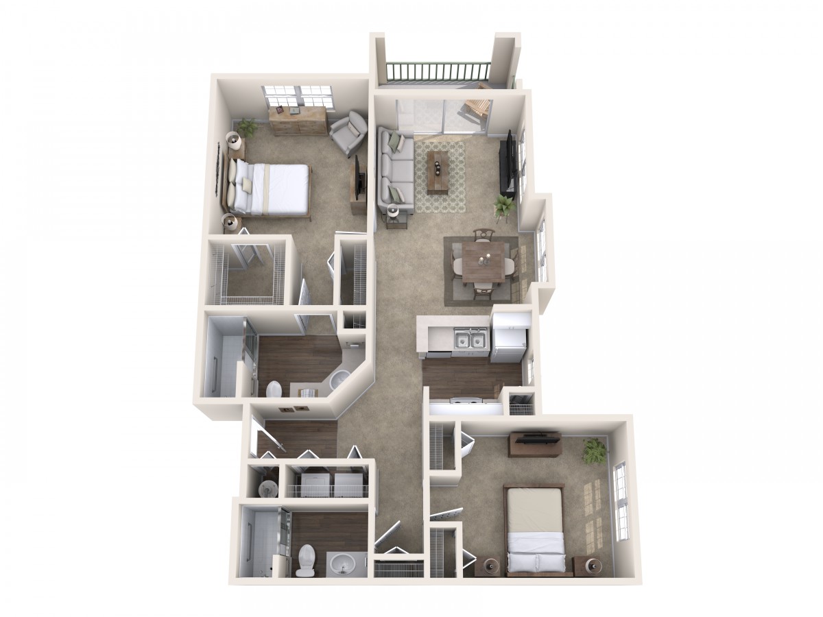 3D rendering of a two-bedroom apartment floor plan.